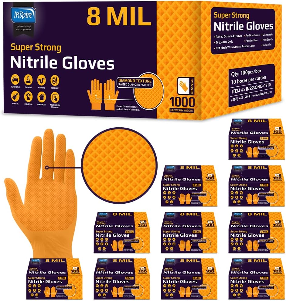 Nitrile Mechanic Glove - Heavy Duty Orange Nitrile Gloves 8