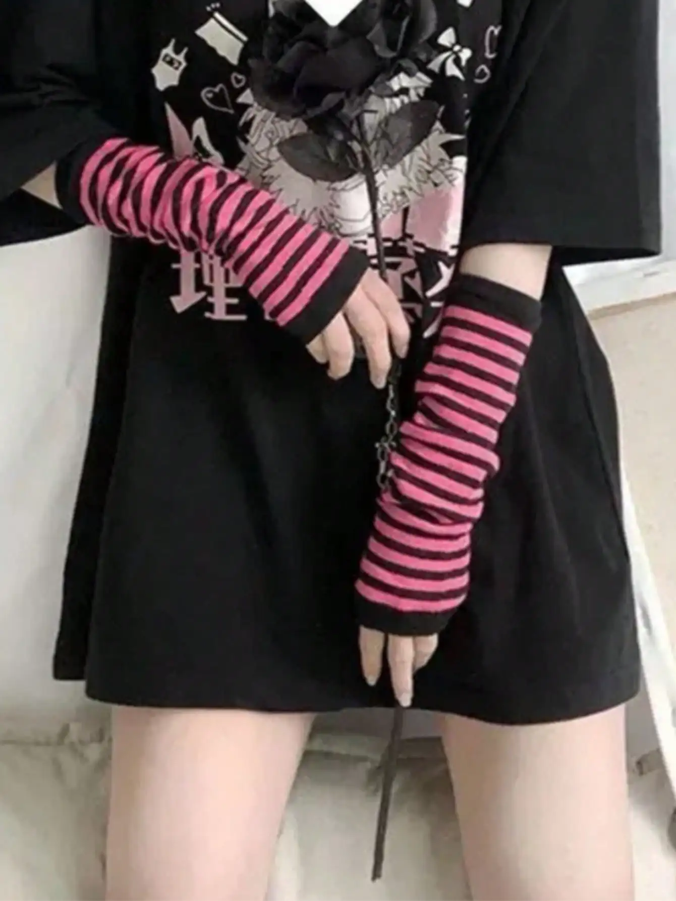 1 Pair Y2K Punk Striped Knitte - Fingerless Glove Knit ulasan dan harga