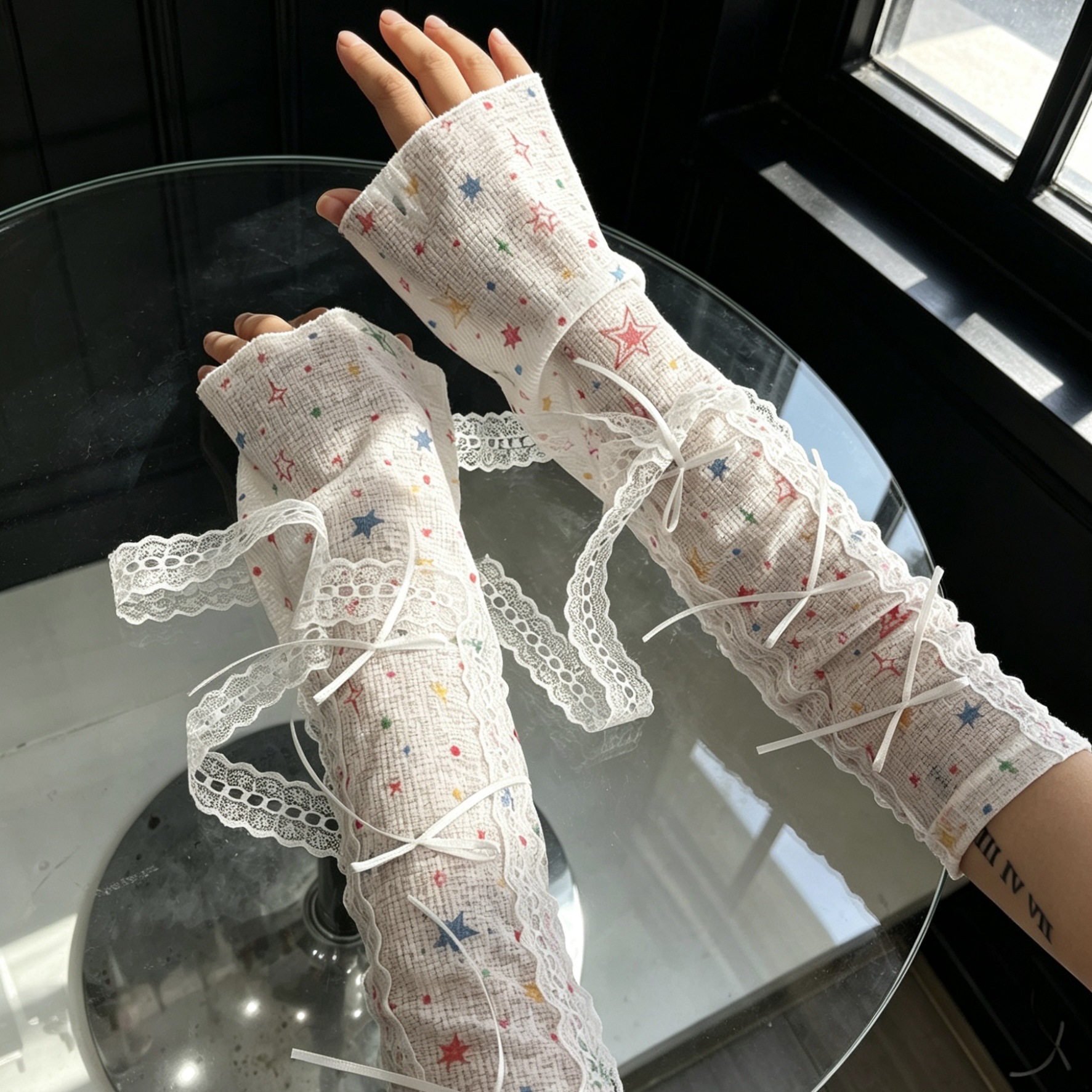 Kawaii Star Print Lace Arm Sle - Fingerless Glove Knit ulasan dan harga